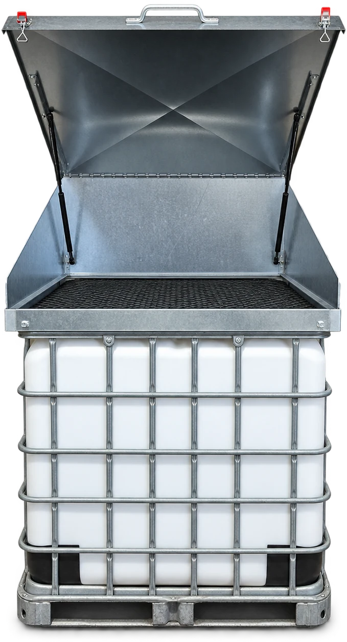 Our actual waste oil funnel with splashguard and open lid on an IBC, with surrounding clutter removed