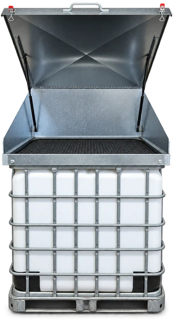The funnel and open lid resting on a white caged IBC; edited from our actual installation photograph